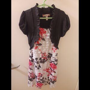 Pretty Frilly Girls Size 10 White, Red & Black Floral & Leaves Patterned Dress